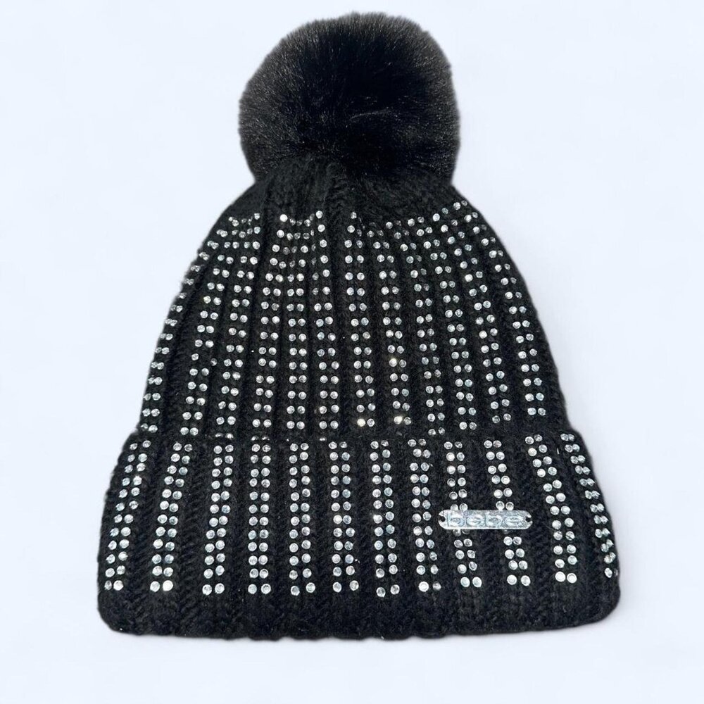 Bebe Black Rhinestone Knit Beanie
